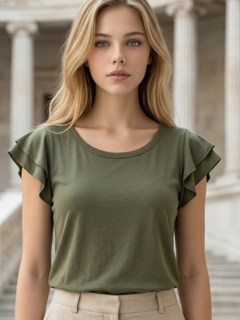GAP Olive Green Ruffle Sleeve Tee